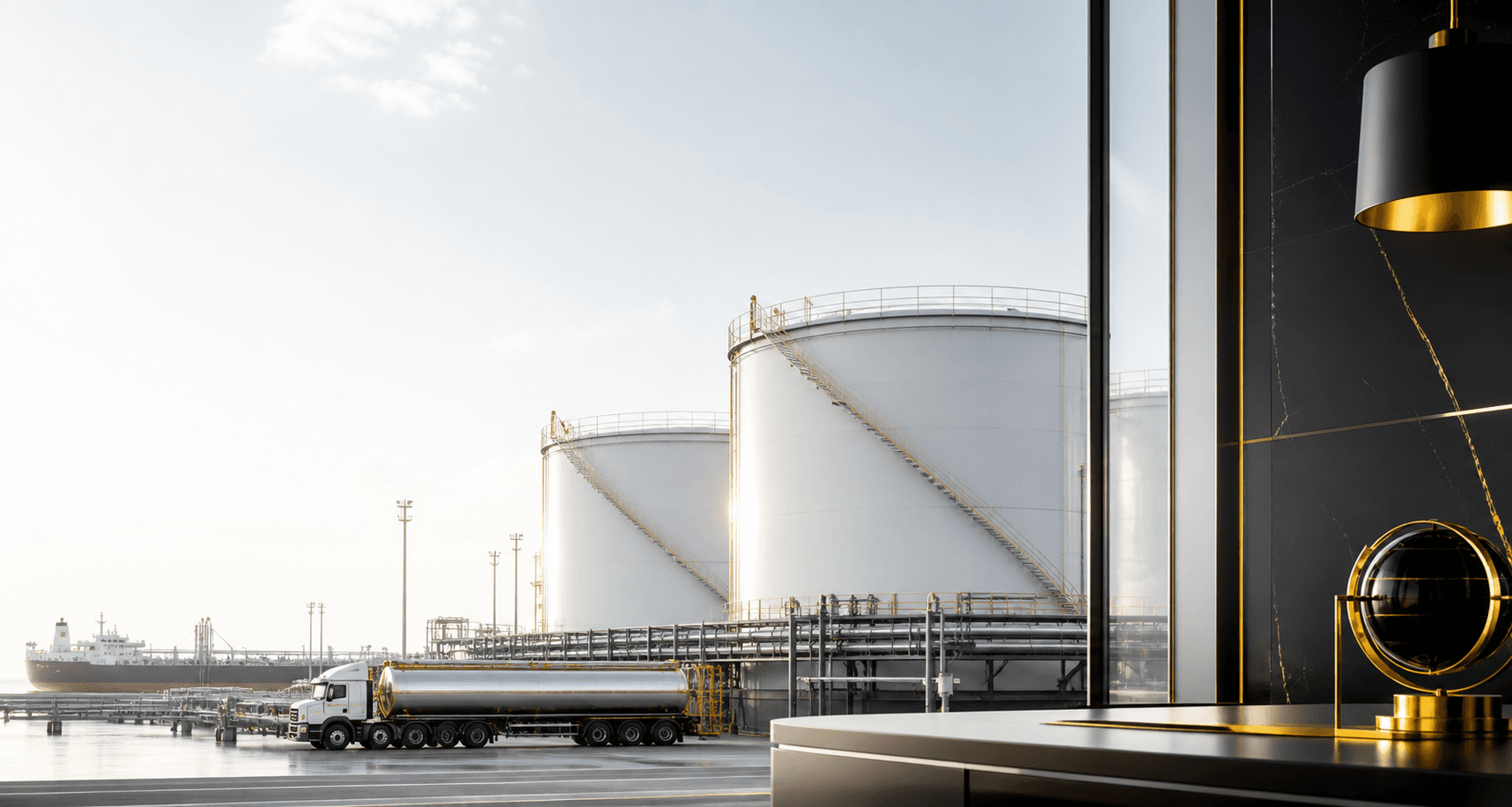 Premium petroleum trading atmosphere with industrial logistics details
